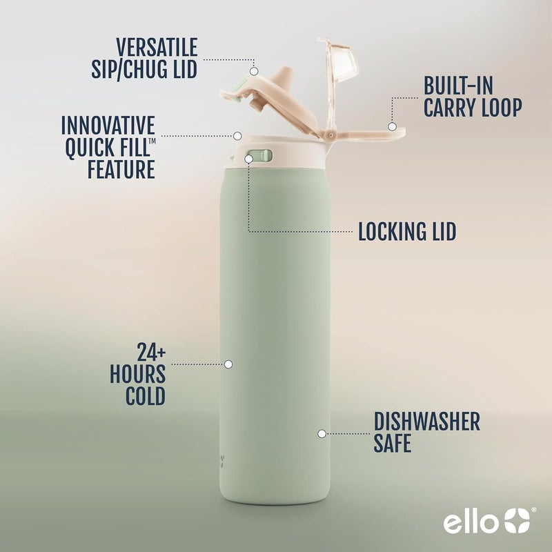 Ello Pop & Fill Stainless Steel Water Bottle with Quick Fill Technology, Double Walled Vacuum Insulated Metal, Leak Proof Locking Lid, Sip & Chug, BPA Free, Holiday Gift for Him Her, 22oz, 32oz, 40oz - Image 2